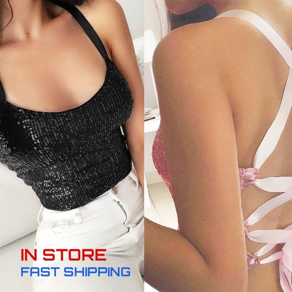 

backless hollow out crop sequin sleeveless short camisoles fitness party black lace up crop streetwear tanks blouses tee, White