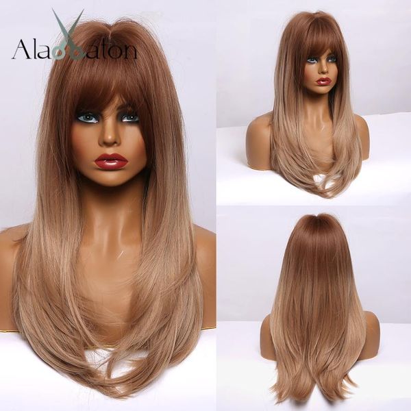 

alan eaton synthetic hair wigs with bangs long straight ombre brown cosplay wig for black women high temperature fiber fake hair