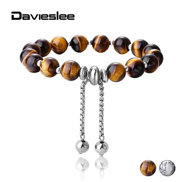 

davieslee natural stone beaded bracelet for mens women 8mm tiger eye adjustable stainless steel box chain jewelry gifts ldbm70, Black