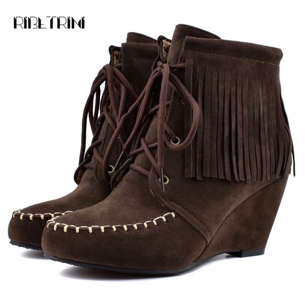 

ribetrini wedges ankle boots woman vintage finge boots woman lace up ladies women wedges shoes plus size 34-48, Black