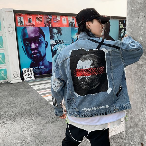 

2020 мужчины модные негабаритные hip hop denim jacket мужской high streetwear hip hop сыпучие повседневный жан coat рэппер печати верхняя од, Black;brown