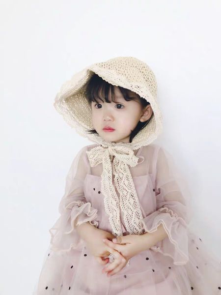 

baby girl straw hat child fisherman hat summer leash shade girl baby princess sun beach hat, Blue;gray