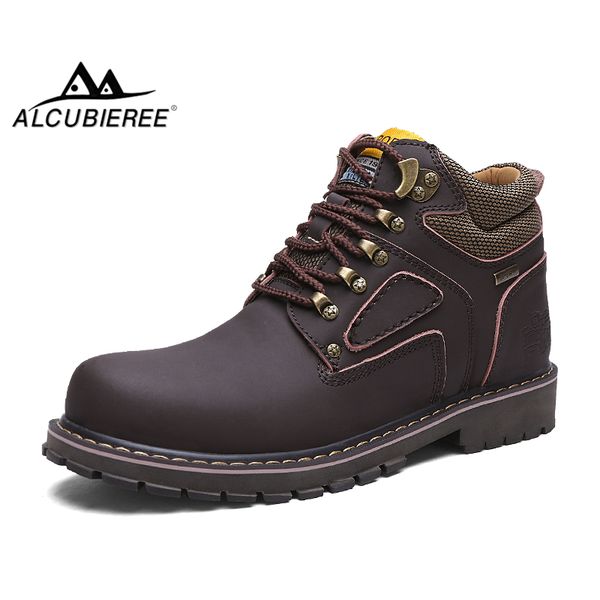 

alcubieree winter genuine leather men boots men's lace-up non-slip warm snow boots fashion vintage men tooling ankle botas, Black