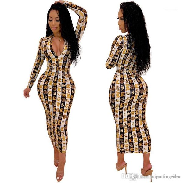 

европейский и американский сексуальный принт v образным вырезом колонка длинная длина одежда женская одежда женская мода платья, Black;gray