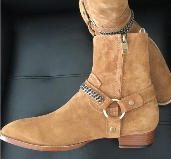 

factory outlet men handmade boots high wedge pointed toe genuine leather suede boots high with charm chain denim martin boot, Black