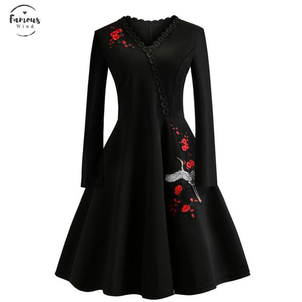 

women 50s 60s vintage dress embroidery floral swing rockabilly dress party vestidos long sleeves dresses plus size 4xl, Black;gray