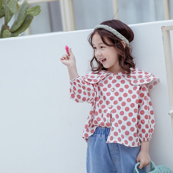 

весна новорожденных девочек чистого хлопка двойной слой листьев лотоса воротник рубашки точечные 2019 дети все-матч случайные блузок, White;black