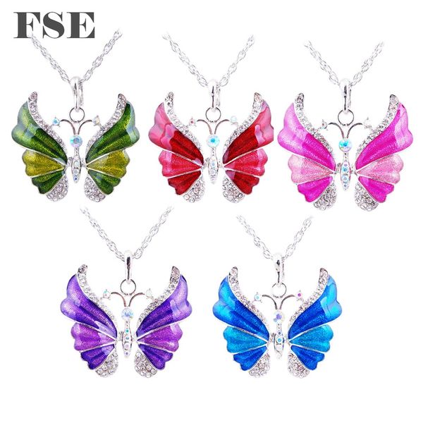 

5pcs multi color&styles glazed rhinestone butterfly pendant necklace with chain fashion girl women pendant necklace butterfly pendant 01, Silver