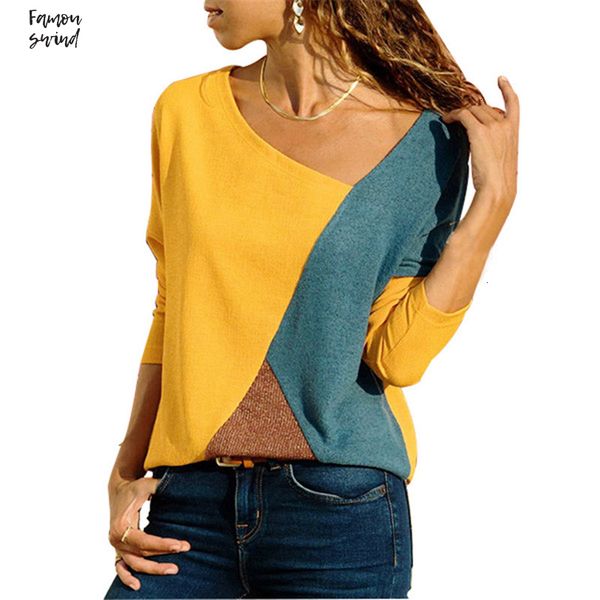 

цвет блока лоскутная футболка с длинным рукавом женщины перекоса воротник повседневная женщина мода зима основные топы тис рубашка s, White