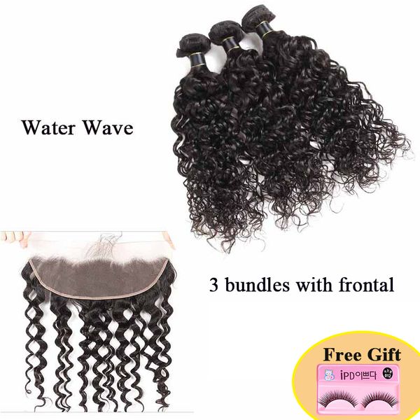 

human hair weave 3 bundles with frontal water wave brazilian indian peruvian malaysian human hair water wave bundles with 13x4 lace frontal, Black