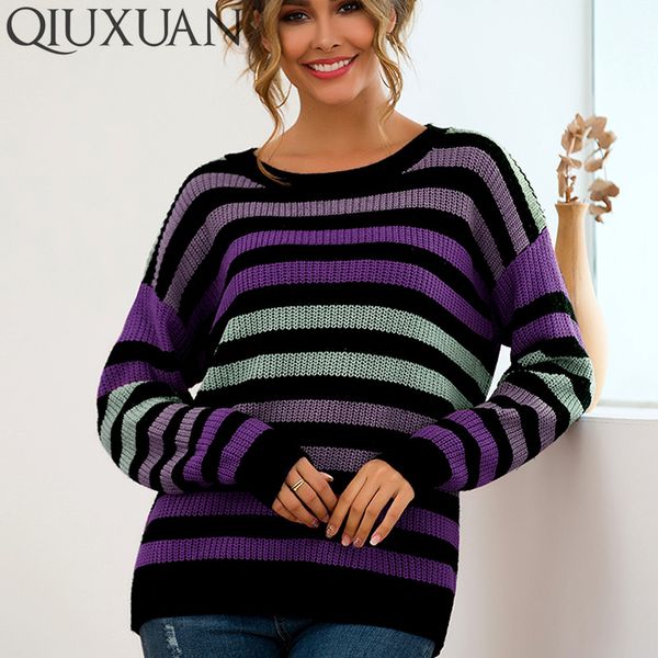 

qiuxuan knitted striped women sweaters ladies pullovers 2019 autumn winter long sleeve pullover casual female christmas jumper, White;black