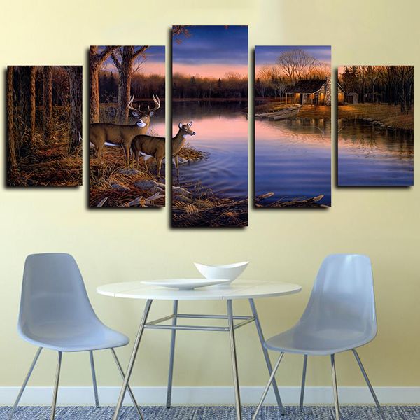 

5 panels canvas wall art deer lake sunset nature landscape picture poster hd print on canvas oil painting giclee artwork wall decor