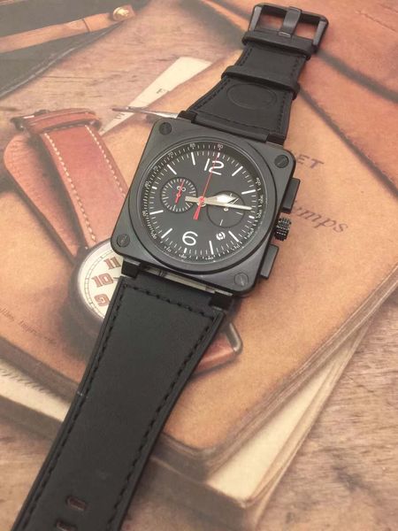 

2019 square black case 46mm black dial outdoor instrument br heritage mens watches quartz chronograph watch black leather strap wristwatches, Slivery;brown