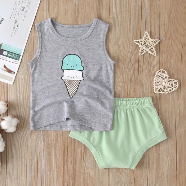 

breathable clothes set kid baby sleeveless round collar tees boys girls cartoon printing solid briefs 9m-4t, White