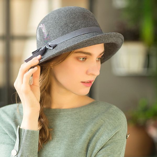 

lady wool fedoras hats girls winter warm dome caps fashion embroidery shopping warm wool hat female party cap a92, Blue;gray