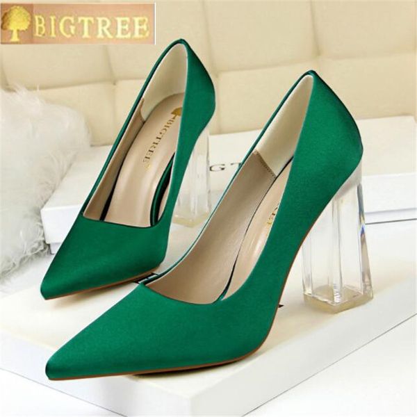 

2018 plus size 43 women block 10cm high heels lady scarpins green satin pumps female wedding yellow blue silk transparent shoes, Black