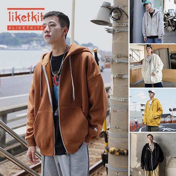 

liketkit men's winter hoodies 2019 male solid loose cardigan sweatshirts mens harajuku oversize hip hop fleece thick streetwear, Black