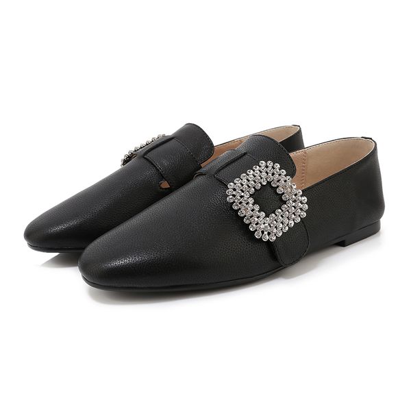 

2020 new spring loafers women's flat shoes genuine leather comfortable soft rhinestone buckle casual shoes chaussures femme, Black