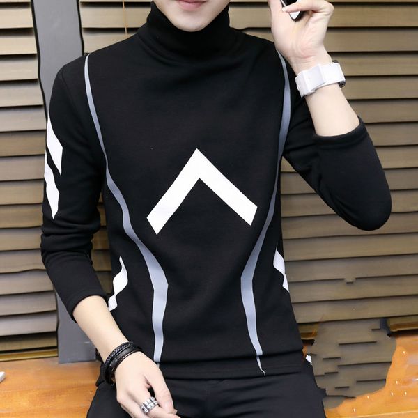 

2019the new autumn semi-high collar long sleeve t-shirt men plus velvet padded winter warm clothes korean version of streetwear, White;black