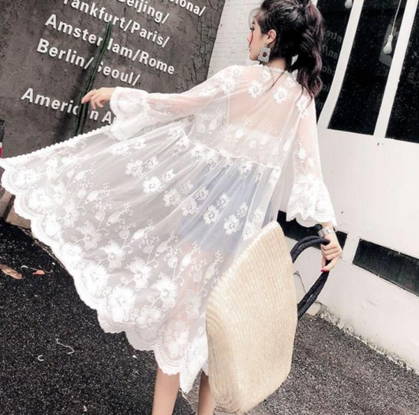 

women blouse summer lace flare sleeve loose shirt kimono cardigan white simple long kimono ladies sun-protective 2020