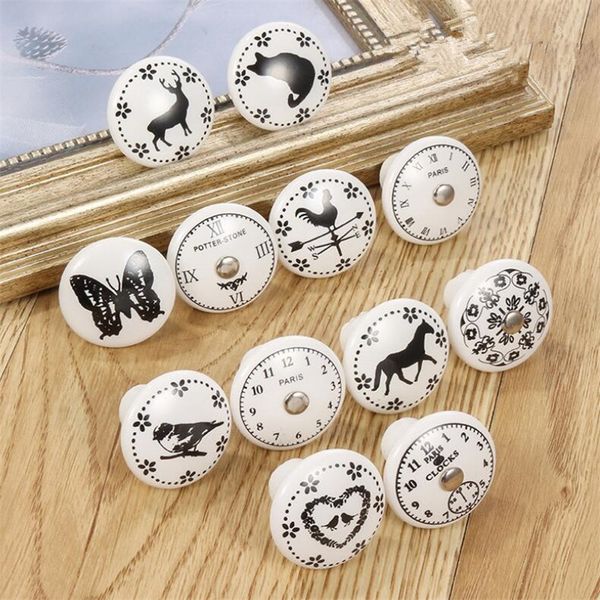 Hot Garden Home Black White Impresso Rodada decorativa Knob cerâmica, armário de hardware, moderno Wardrobe Móveis porta puxa gaveta Handle