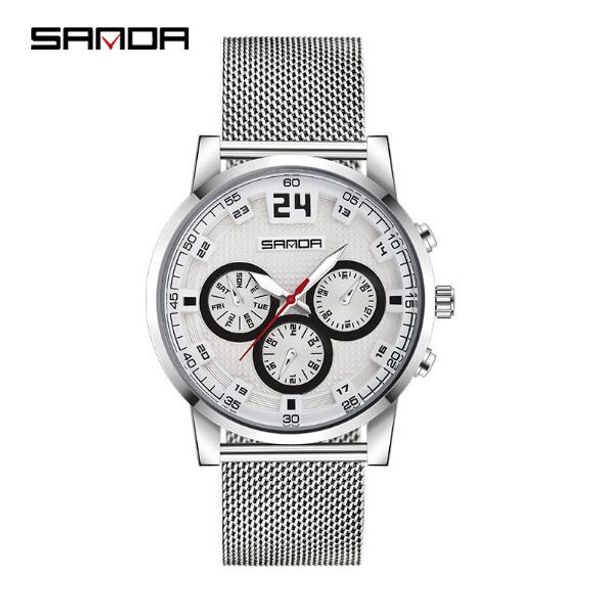 

new business fashion watch three-eye imitation six-pin casual waterproof mesh belt men's watches, Slivery;brown