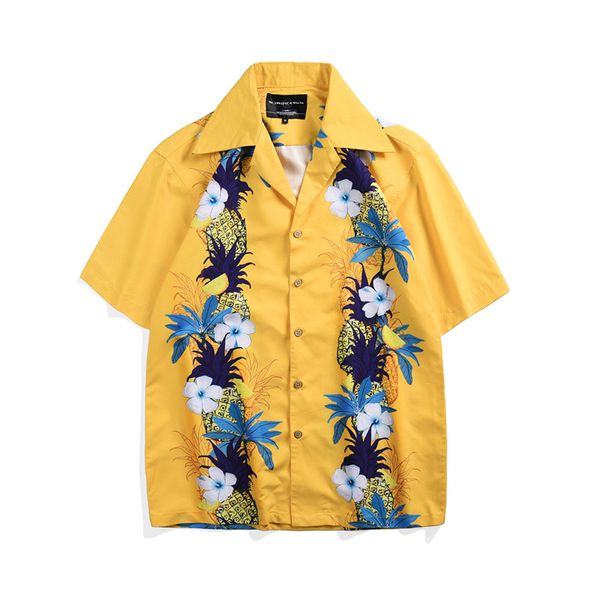 

2019 pineapple print hawaiian shirt casual streetwear tropical beach men's shirts summer short sleeve loose yellow shirt men, White;black