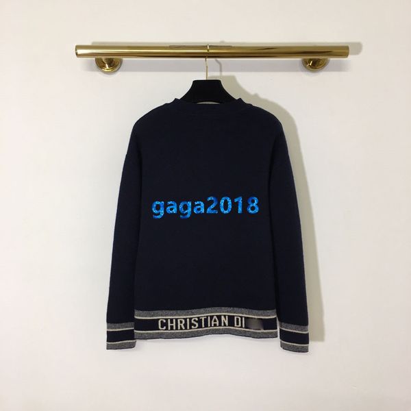 

high end women girls knit sweater patchwork striped letter motif crew neck long sleeves blouse shirt knitwear runway fashion design pullover, White;black