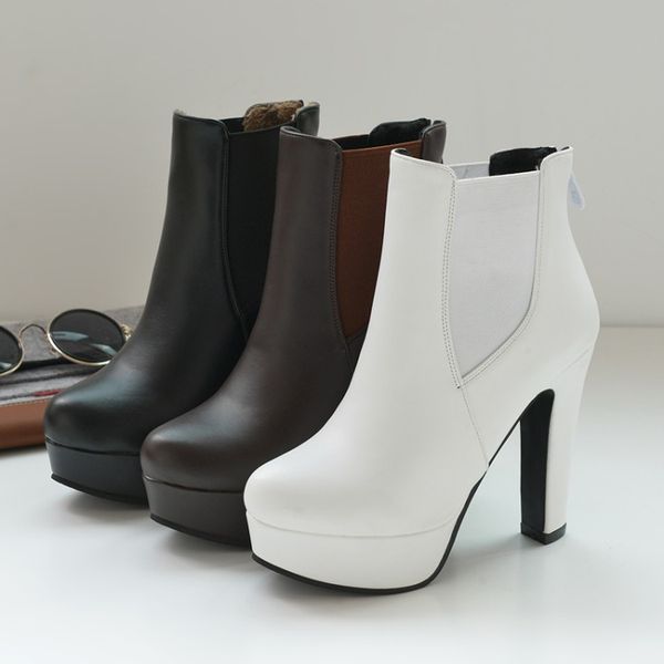 

white ankle boots booties ladies women's rubber shoes rain boots-women zipper clogs platform round toe chunky heel luxury, Black