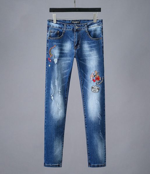 

модные мужские джинсы проблемные рваные узкие джинсы модный дизайнер тонкий мотоцикл вышивка мужские брюки джинсовые брюки, Blue