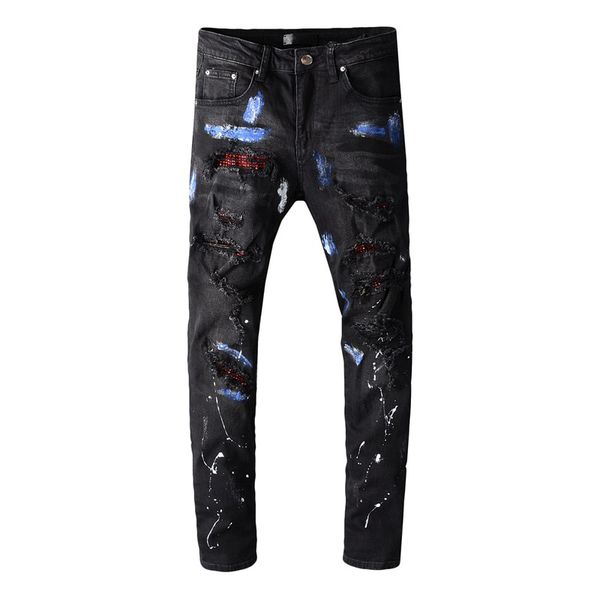 

aboorun hi street ripped jeans men red diamond patchwork streetwear black stretch slim denim pants fashion printed jeans r3375, Blue
