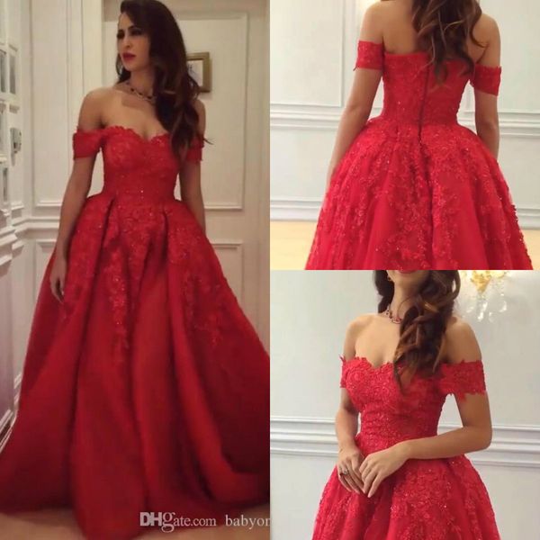 Lindo Vermelho Árabe Vestidos de Noite Formal Fora Do Ombro A Linha Tulle Lace Appliqued Frisado Prom Vestido Red Carpet Dress Wear Custom Made