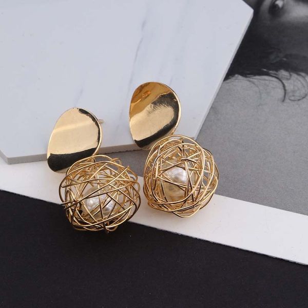 

retro geometric earrings simple woven ball pearl earrings metal accessories women, Silver