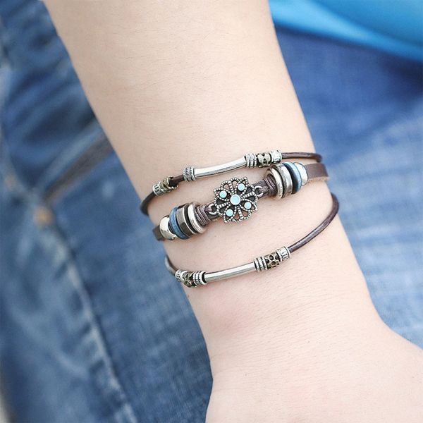 

antique multilayers flower bracelet bohemian adjustable beads leather bangles wristband wrist decor, Golden;silver