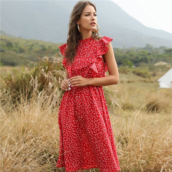 

2020 nuevo verano vestido con estampado de lunares mujeres casual mangas volantes mariposa vestido de chifÃ³n largo medio, Black;gray