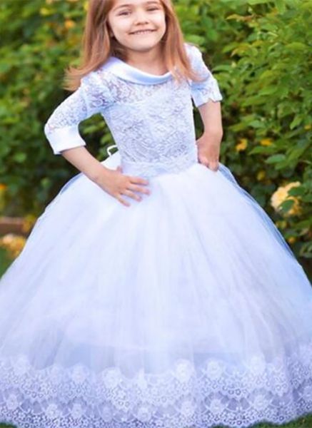 Wunderschönes Blumenmädchenkleid mit halben Ärmeln und Spitzenapplikationen zum Schnüren, Tüll, für Mädchen, Geburtstagsfeier, Prinzessin, Kommunionkleid