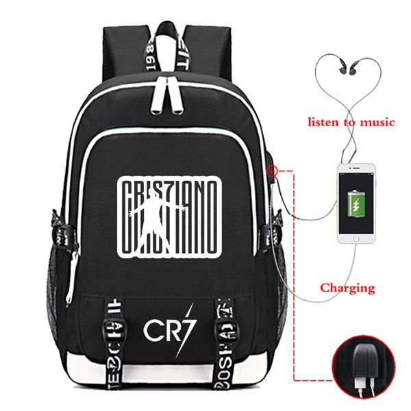 

cristiano ronaldo cr7 usb charge backpack men women boys girls school beautiful rucksack teens travel mochila