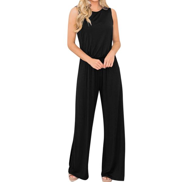 

chamsgend women jumpsuit 2019 summer casual loose jumpsuit solid o neck sleeveless spaghetti strappy strap long may10, Black;white