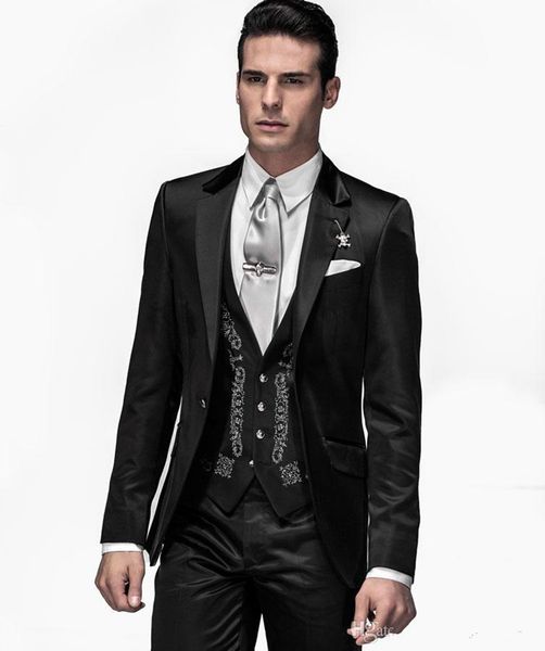 

new popular notch lapel embroidery groomsmen one button groom tuxedos men suits wedding/prom man blazer ( jacket+pants+vest+tie) 318, Black;gray