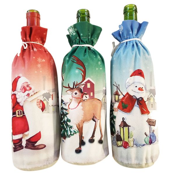 

3pcs christmas wine bottle dress wine bottle cover coat old man snowman elk print dress sets xmas party decorations