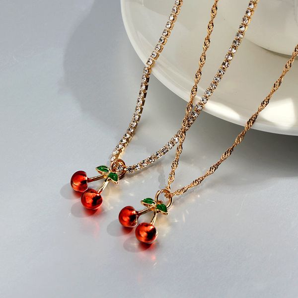 

bynouck trendy new charm gold color enamel cherry pendant necklace for women crystal chain choker necklace fashion jewelry gift, Silver