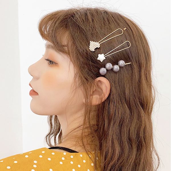 

3pcs/set girls metal pearl marble hair clip combination elegant barrette pearls hairpin bb clip girls hair styling accessories, Golden;white