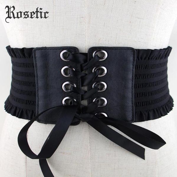 

rosetic gothic wommen cummerbund black ribbon lace-up elastic leather patchwork ruffle wide belts fashion slim goth accessories, Black;brown