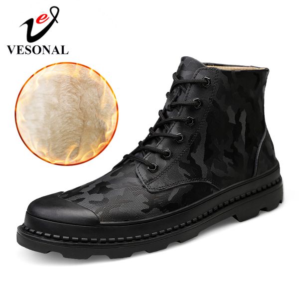 

vesonal brand genuine leather casual men boots winter warm short plush work boots sneakers men walking sheos quality footwear, Black