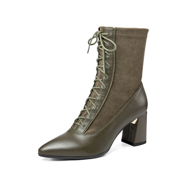 

2019 Spring Women Ankle Boots Genuine Leather Long Plush Snow Boots Women High Quality Square Heel Suede Shoes Woman Big Size, Black
