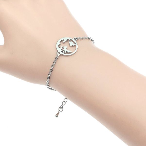 

world map stainless steel charm bracelet stainless steel ocean wave clover pendant chain bracelet for women girls, Golden;silver