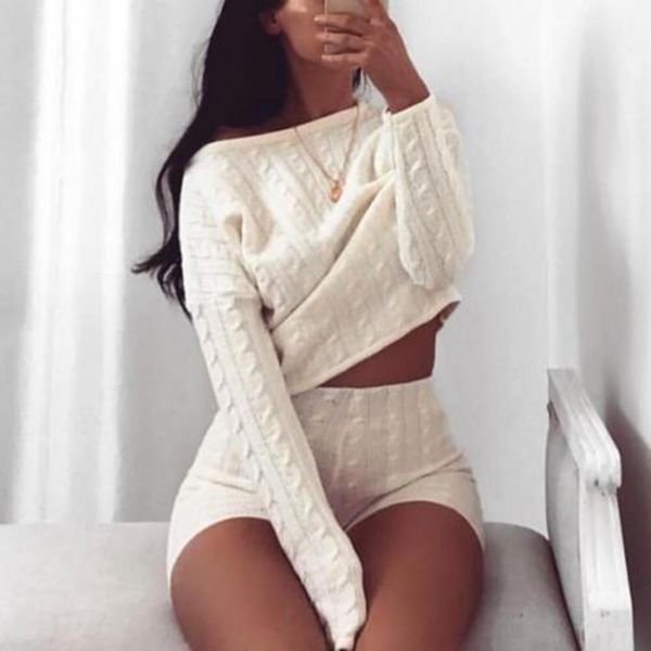 

fall winter new arrival fashion 2pc women ladies solid off shoulder knitted warm loungewear short crop matching suit set 2019x1, White