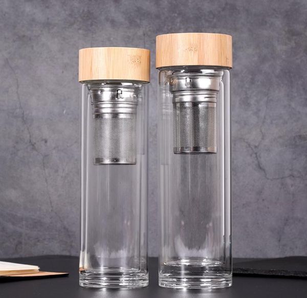 450ml di bambù coperchio bottiglie tazze d'acqua a doppia parete di vetro Tea Tumbler Con filtro e infusore carrello Water Glass SN655