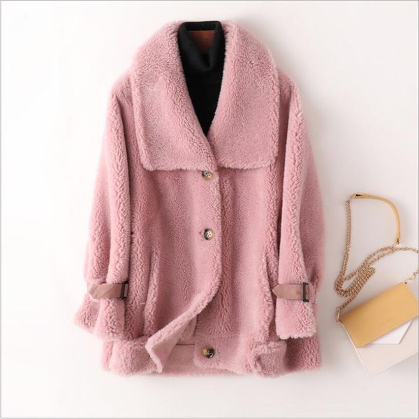 

women's fur & faux 2021 winter loose large size sheep shearing jacket mid-length fashion casual coat women, Black