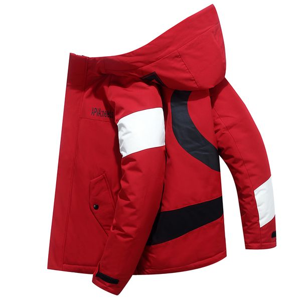 

red black white winter man's jacket patchwork hooded fashion design white duck down jacket men keep warm windbreakers parka coat